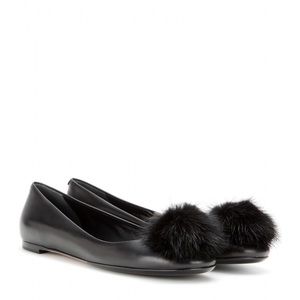 Gucci Mink Fur Pom Pom Black Leather Ballet Flats 36.5 6.5